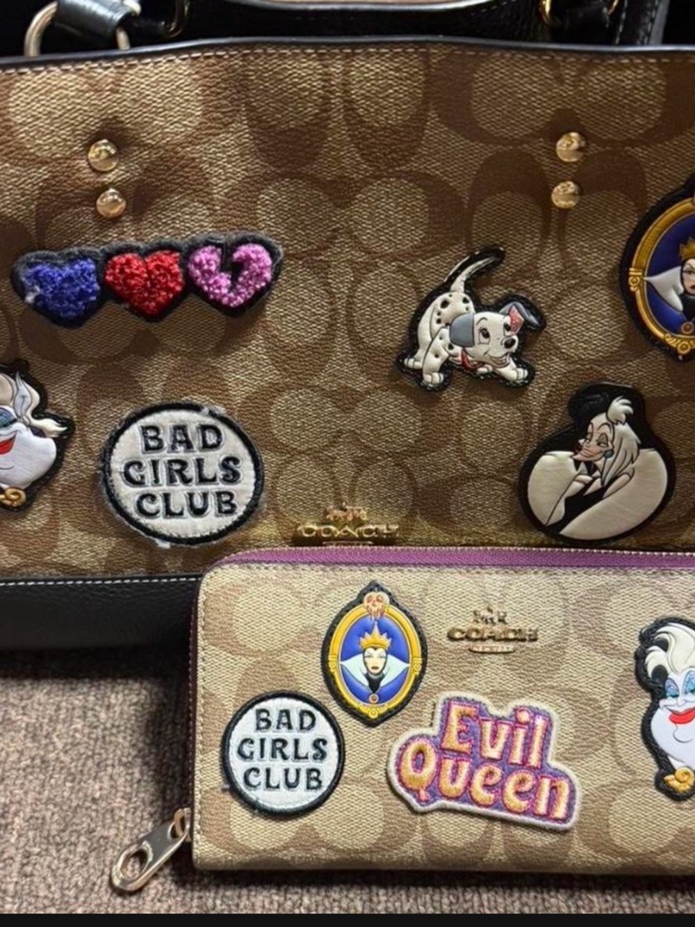 Coach Brown Signature Canvas Wallet and Tote Set with Colorful Character Patches